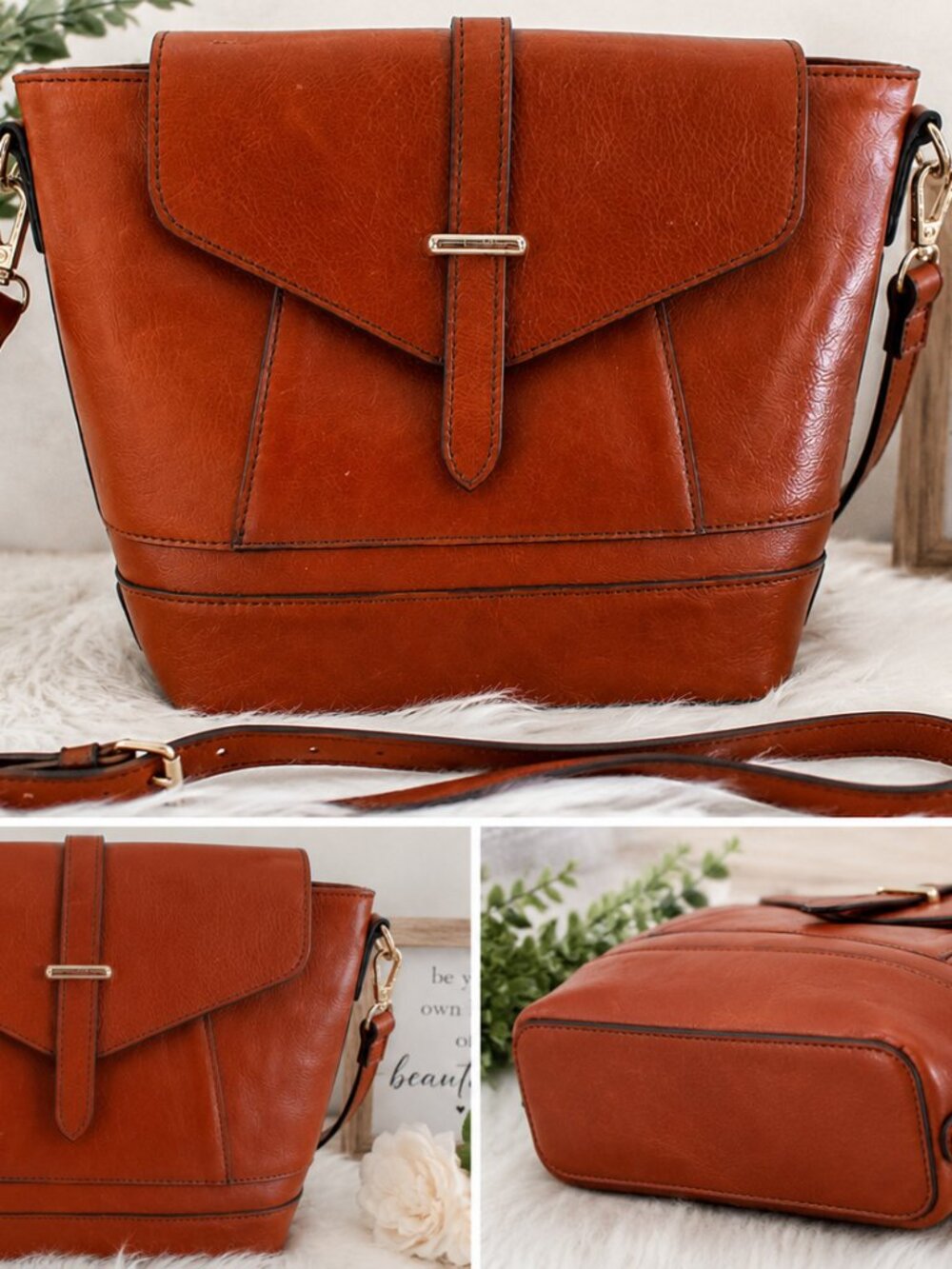 Cognac Genuine Leather Handbag | Gold-Tone Hardware | Four Way Adjustable Strap